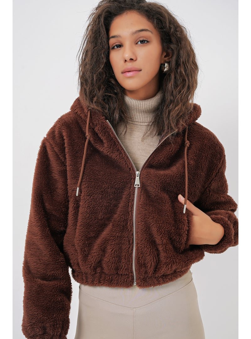 Bigdart Kahverengi Kapüşonlu Peluş Crop Ceket