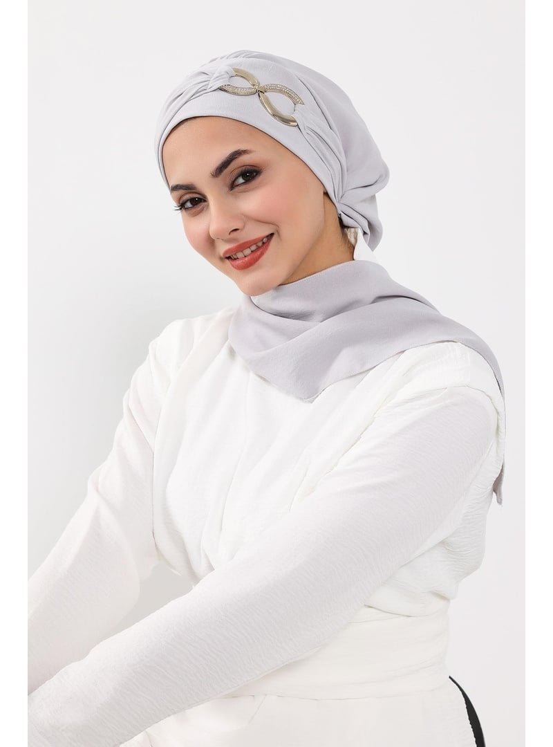 Aisha`s Design Açık Gri Aksesuarlı Aerobin Kumaş Hazır Türban,ht