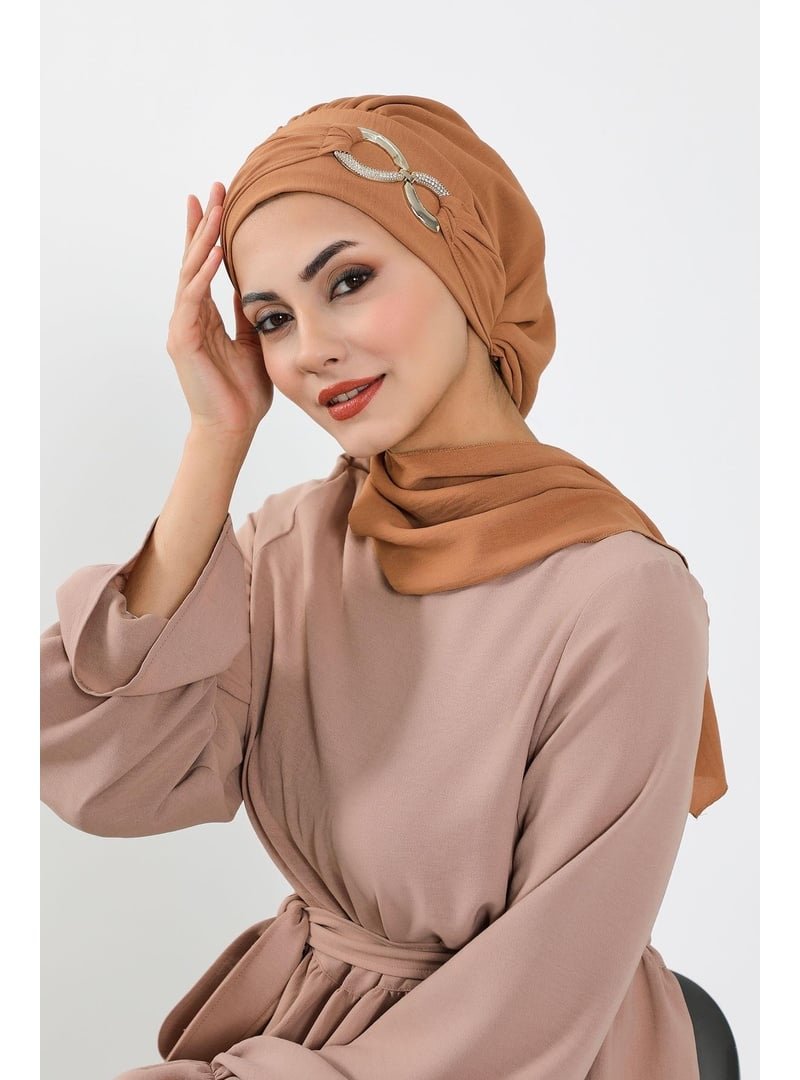 Aisha`s Design Camel Aksesuarlı Aerobin Kumaş Hazır Türban,ht