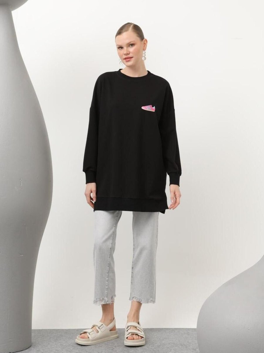 Puane Siyah İki İplik Renkli Ayakkabı Baskılı Sweatshirt
