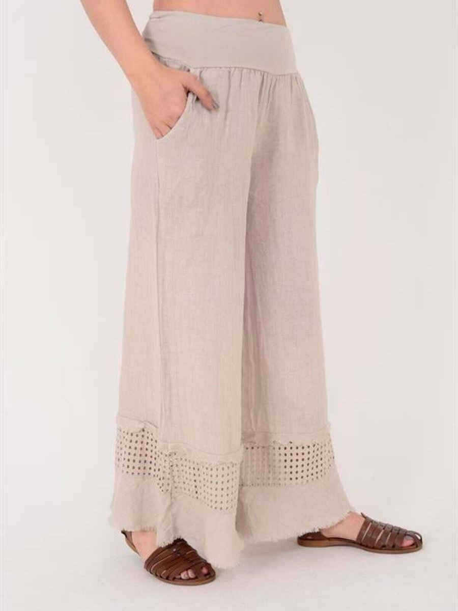 EREN STYLE Bej İtalyan Fisto Paça Detaylı Keten Pantolon