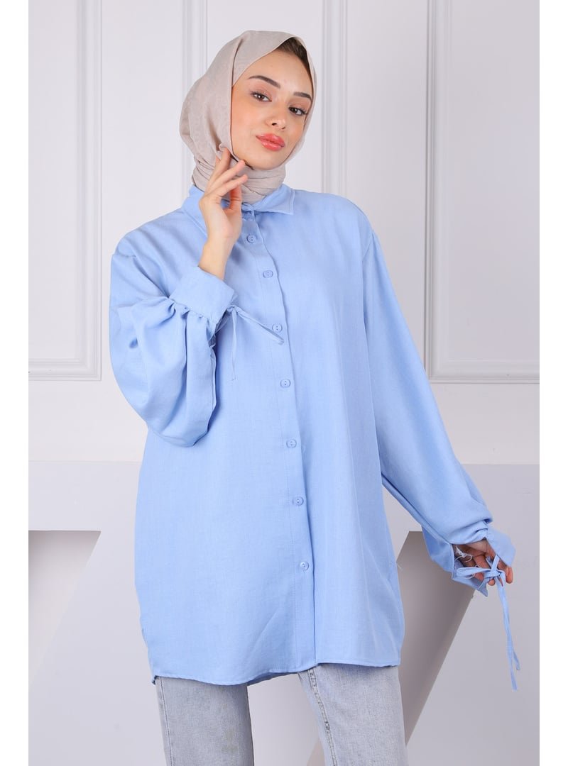 İmaj Butik Mavi Kol Bağlamalı Keten Tunik