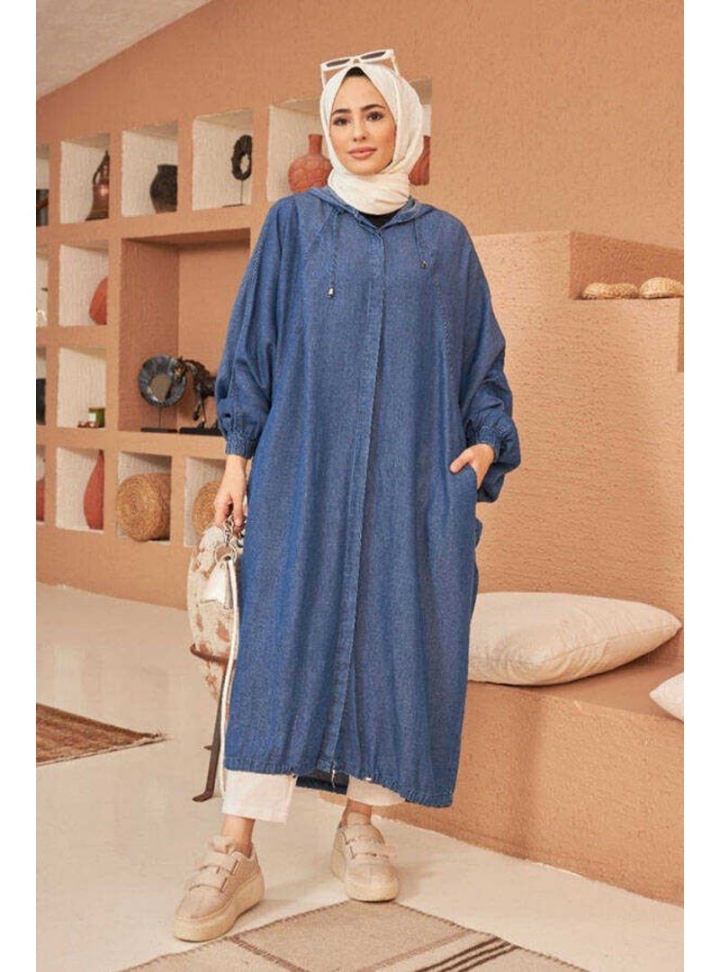 Neways Koyu Mavi Denim Kapüşonlu Yarasa Tunik