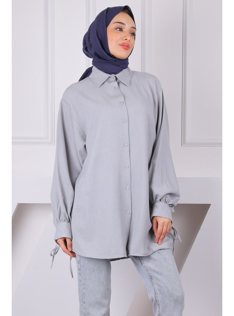 İmaj Butik Gri Kol Bağlamalı Keten Tunik