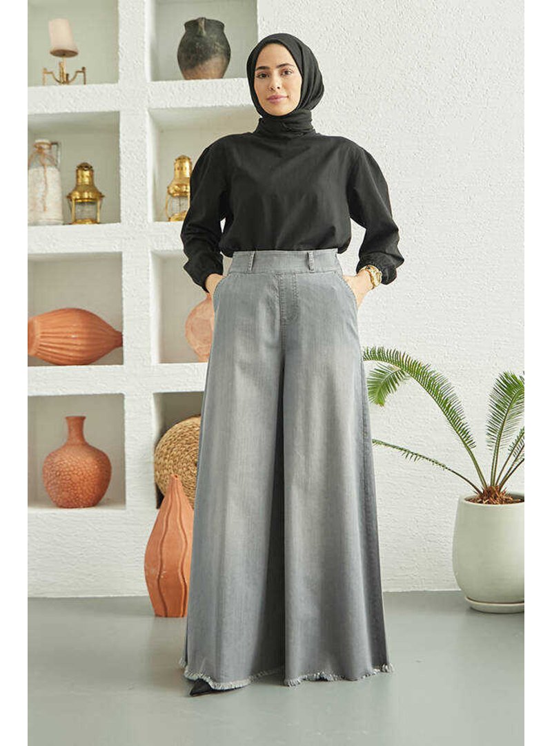 Neways Gri Denim Bol Paça Pantolon Etek