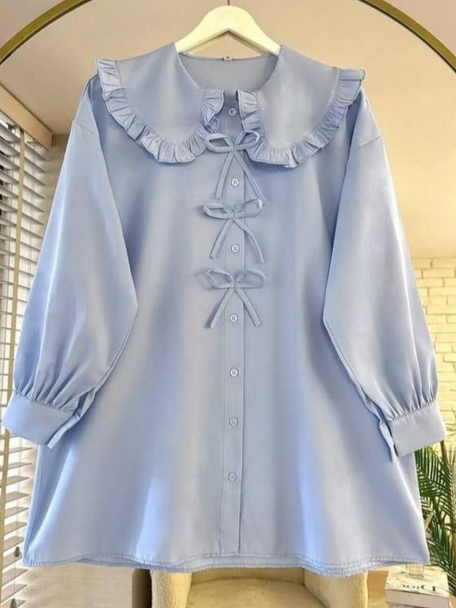 Nergis Neva Butik Mavi Marul Yaka Fiyonklu Tunik