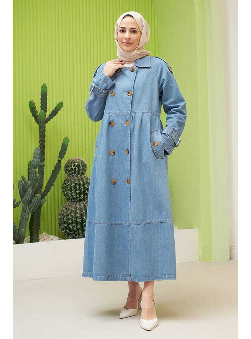 Neways Mavi Reglan Kollu Süs Pileli Denim Ceket