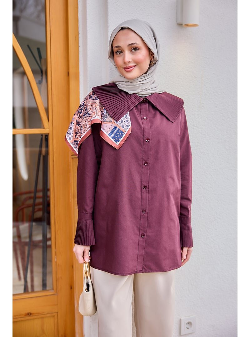 Locco Moda Bordo Yaka Ve Kol Pilise Detaylı Gömlek