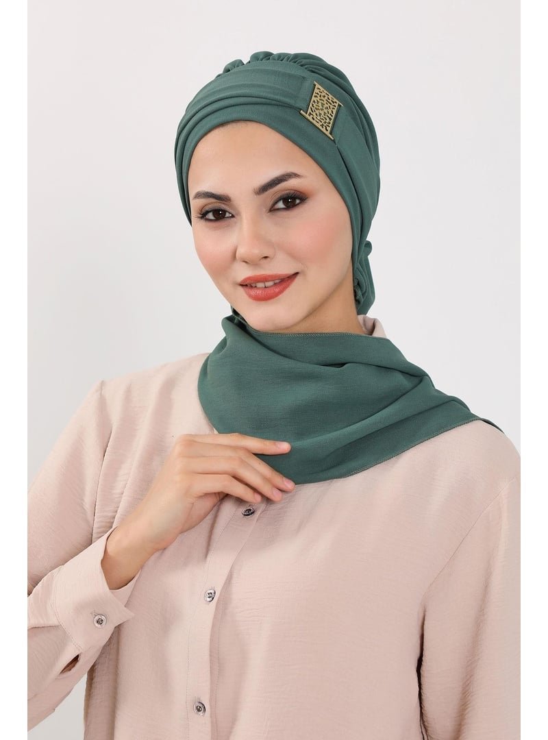 Aisha`s Design 11a Açık Yeşil Gold Aksesuarlı Aerobin Kumaş Hazır Türban,ht