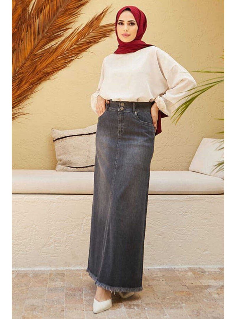Neways Koyu Gri Denim Eteği Püsküllü Etek