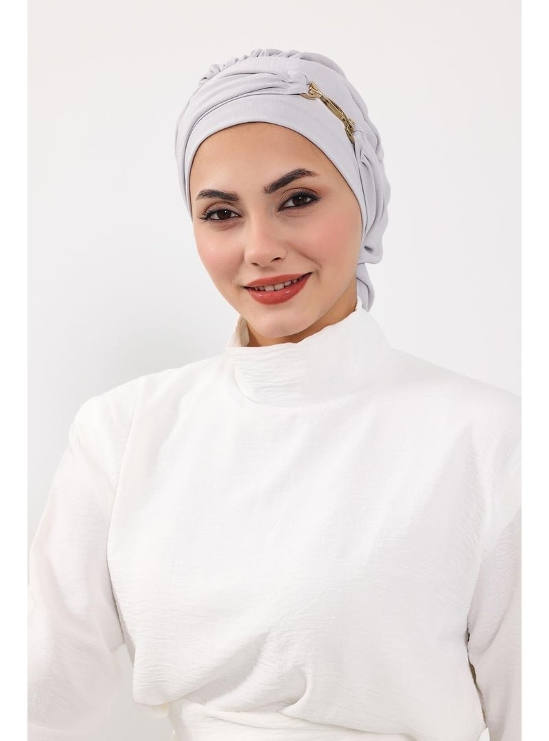Aisha`s Design Açık Gri Aerobin Kumaş Aksesuarlı Hazır Türban,ht