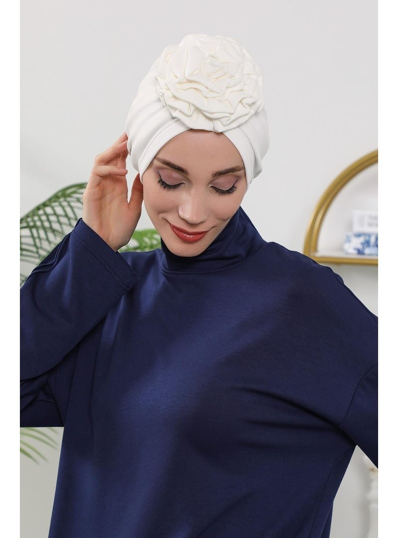 Aisha`s Design 21o Ekru Dört Mevsim Kullanıma Uygun Güllü Bone,b