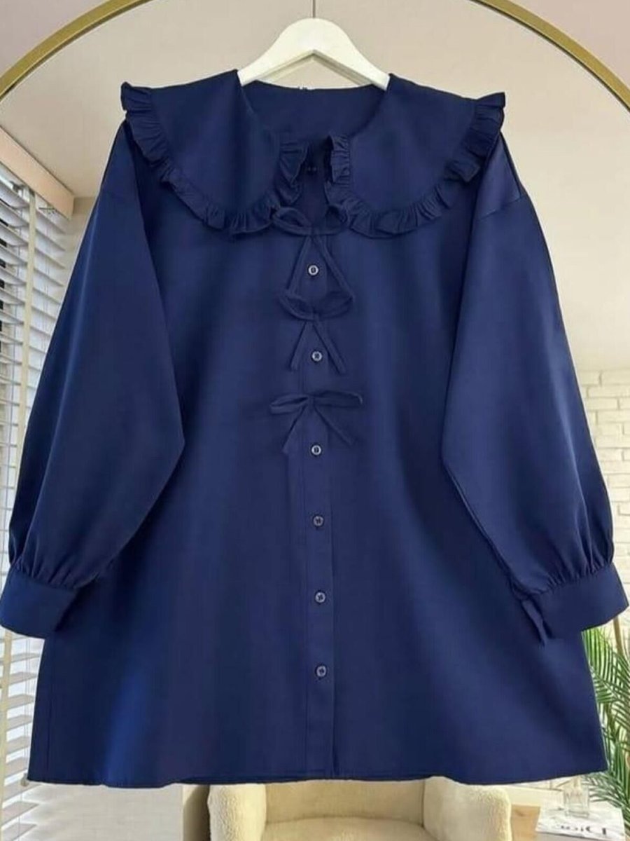 Nergis Neva Butik Lacivert Marul Yaka Fiyonklu Tunik