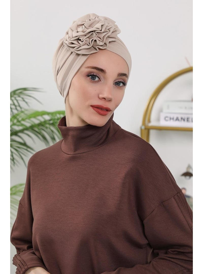 Aisha`s Design 21o Bej Dört Mevsim Kullanıma Uygun Güllü Bone,b