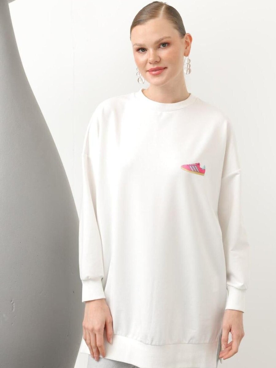 Puane Ekru İki İplik Renkli Ayakkabı Baskılı Sweatshirt