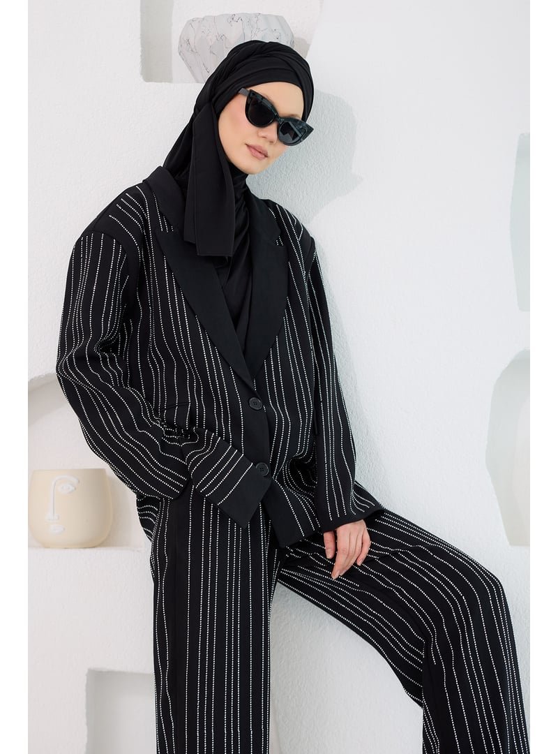 Locco Moda Siyah Full Taşlı Blazer Ceketli Takım