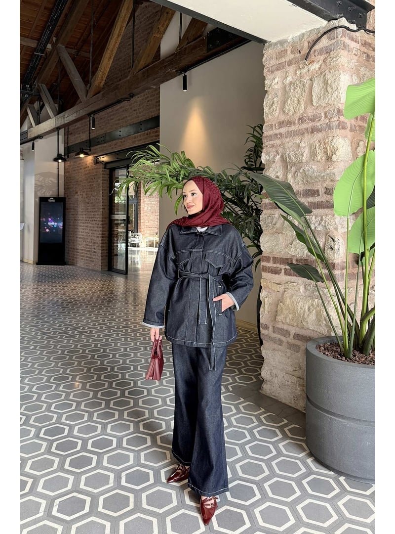 Melike Tatar Lacivert Kuşaklı Denim Takım