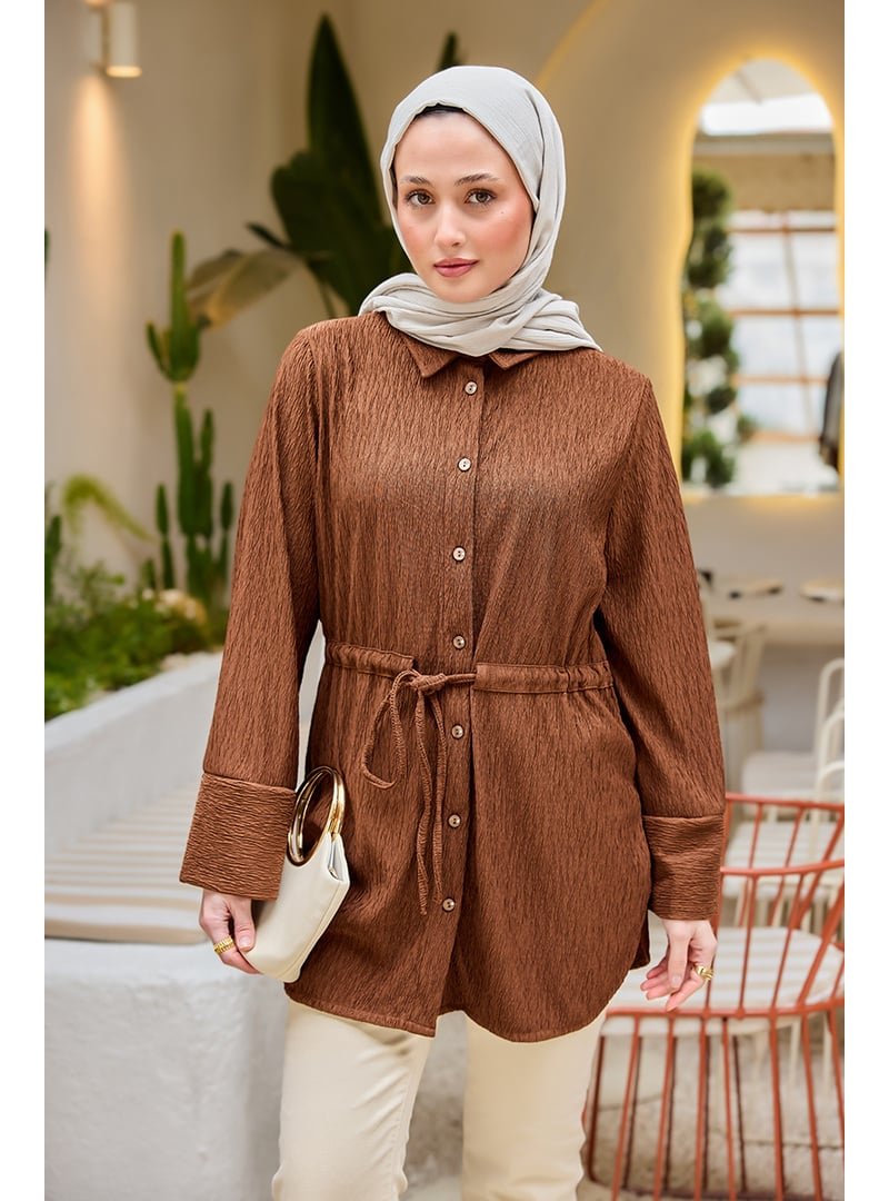 Locco Moda Kahverengi Beli Kemerli Damla Gömlek
