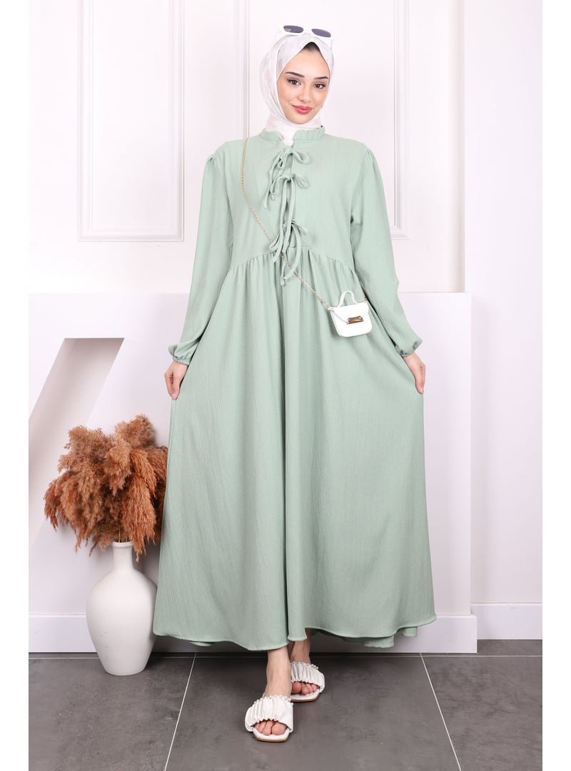 İmaj Butik Mint Yeşili Kol Lastikli Yaka Bağlamalı Bürümcük Elbise