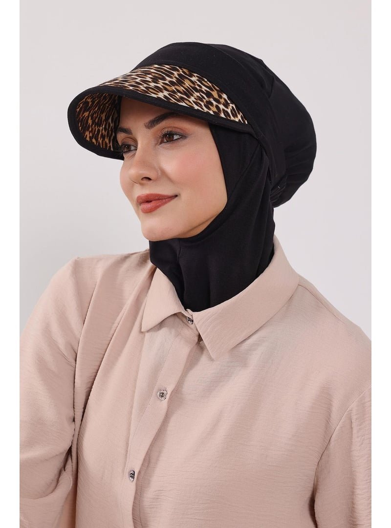 Aisha`s Design Leopar Desen Nijya Boneli Çıkarılabilir Desenli Siperlikli Bone Türban,b 91d Siyah