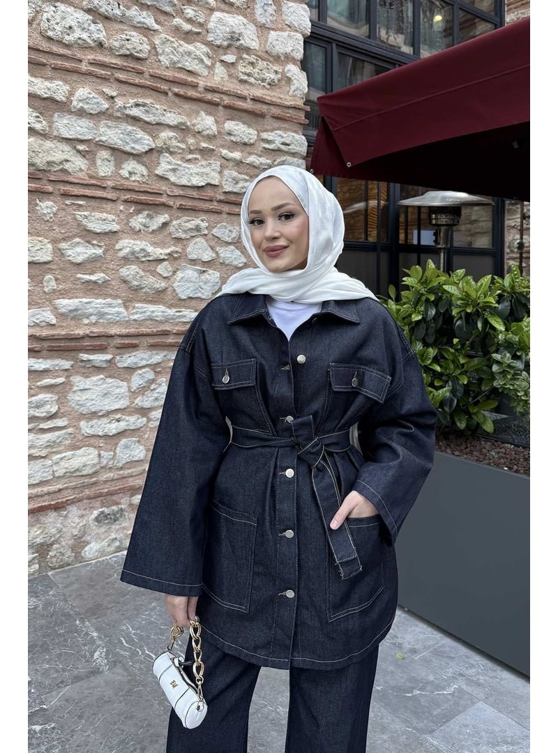 Melike Tatar Lacivert Kuşaklı Cepli Denim Takım