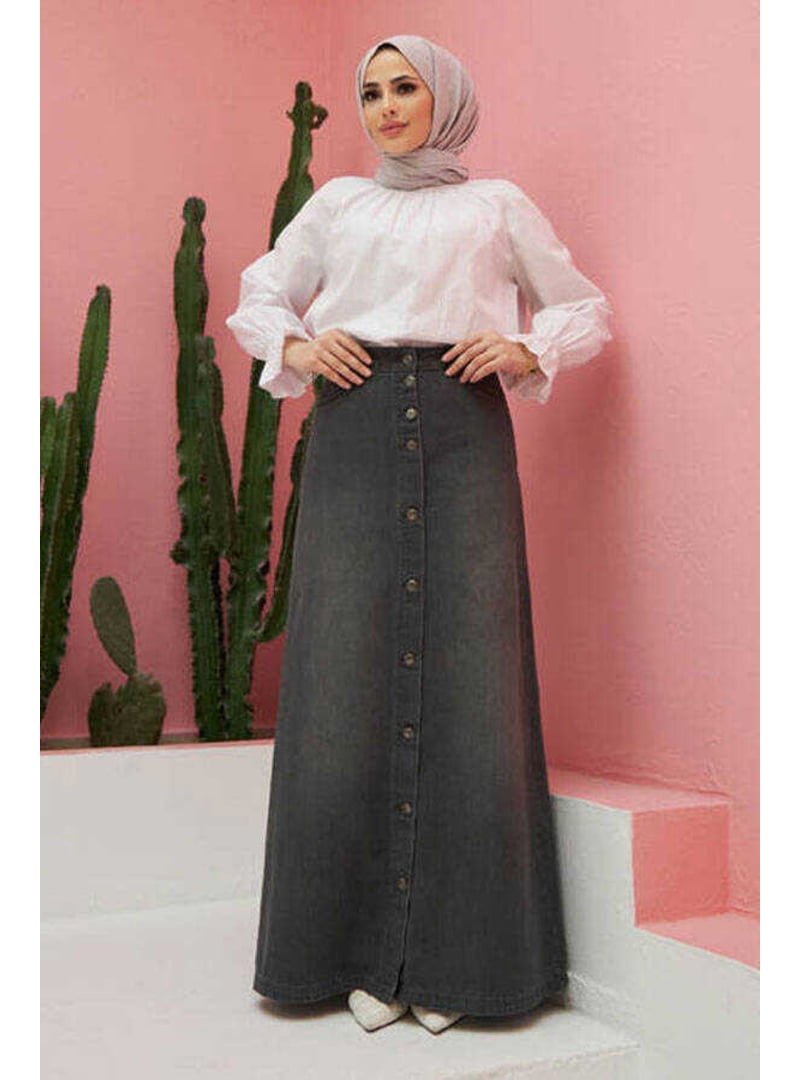 Neways Koyu Gri Denim Düğmeli Etek