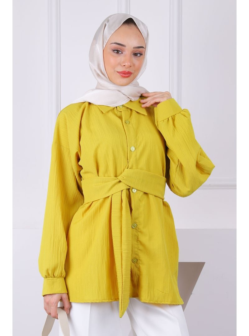 İmaj Butik Yağ Yeşili Kuşak Detaylı Gömlek
