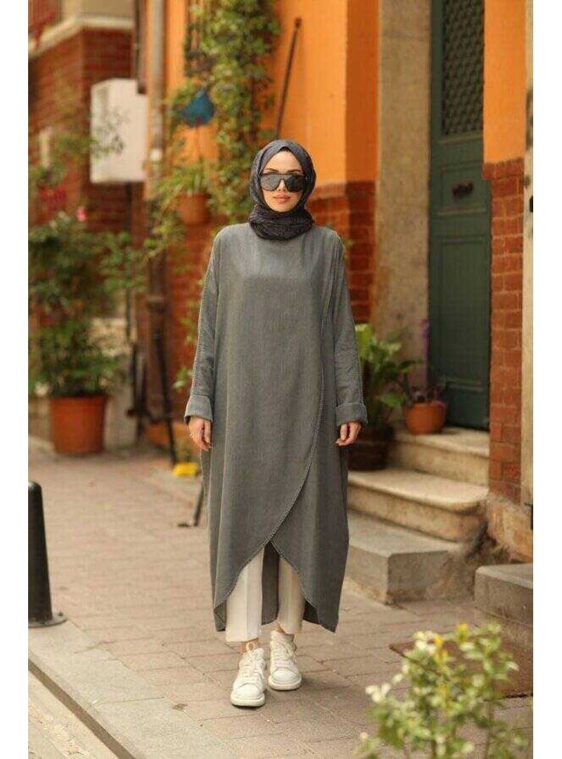 Neways Gri Denim Tensel Standart Salaş Tunik