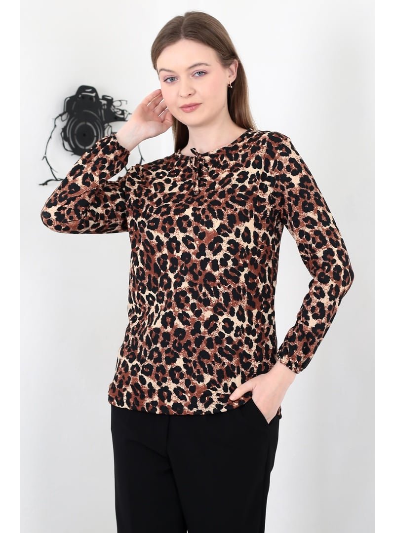 Pelsu Moda Leopar Kahverengi Bağcıklı Yaka Bürümcük