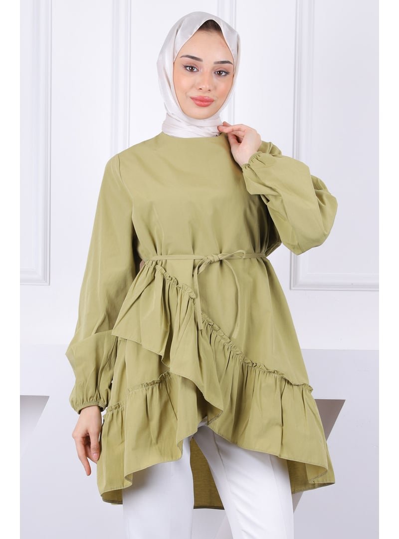 İmaj Butik Yağ Yeşili Eteği Katlı Fırfırlı Tunik