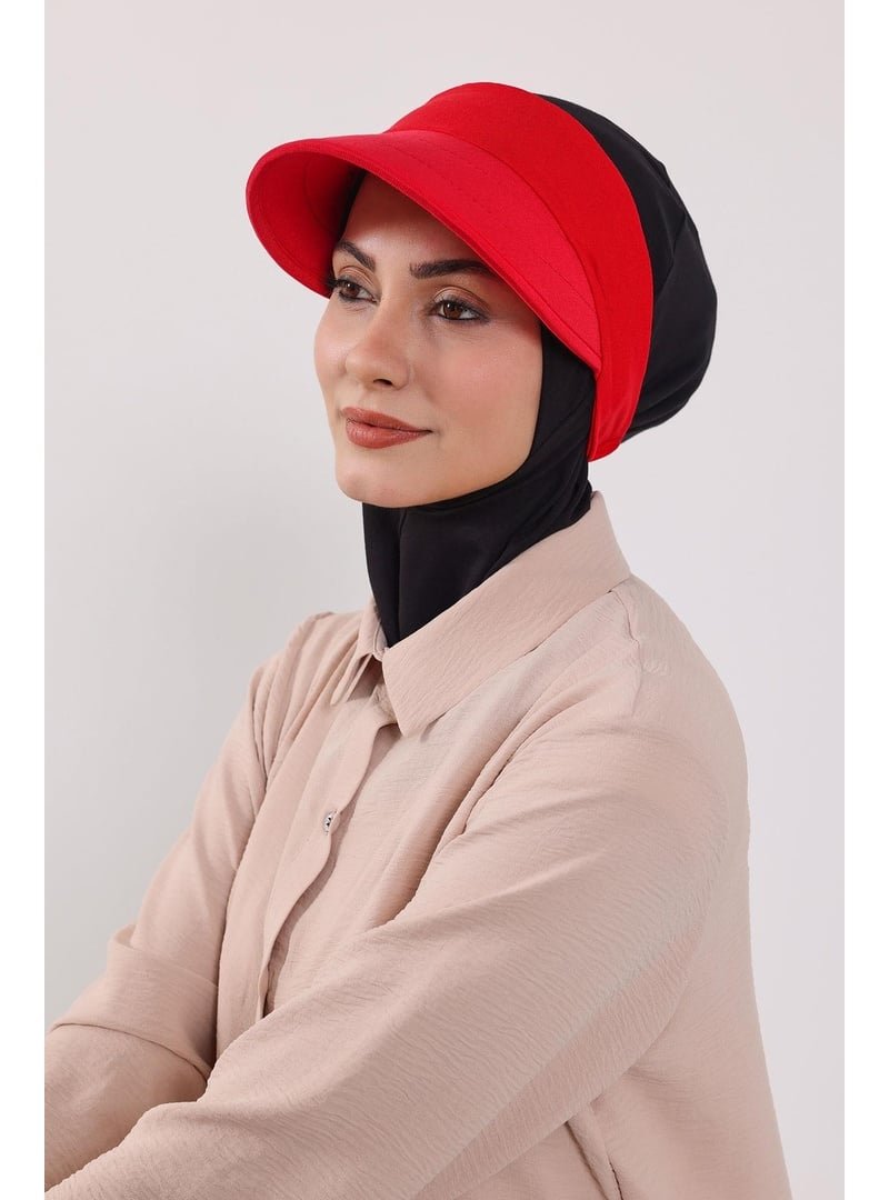 Aisha`s Design Kırmızı Nijya Boneli Çıkarılabilir Siperlikli Bone Türban,b Siyah