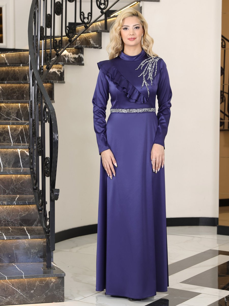 Elben Moda Lacivert Ada Saten Abiye Elbise