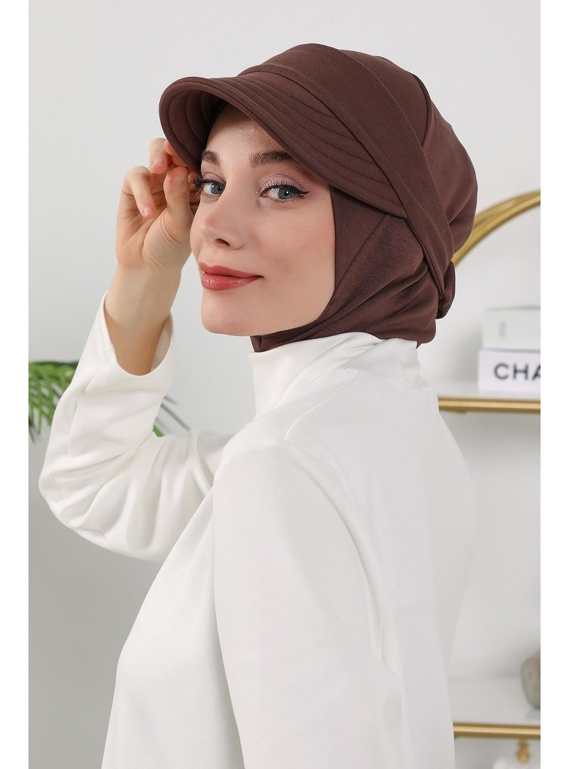 Aisha`s Design 82o Kahverengi Dört Mevsim Kullanıma Uygun Furlarlı Çıkarılabilir Siperlikli Bone,türban,b
