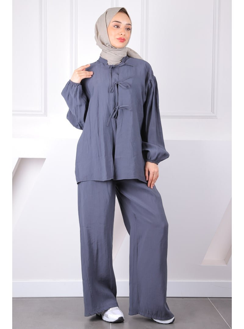 İmaj Butik Antrasit Ön Bağlamalı Kimono Pantolonlu Takım