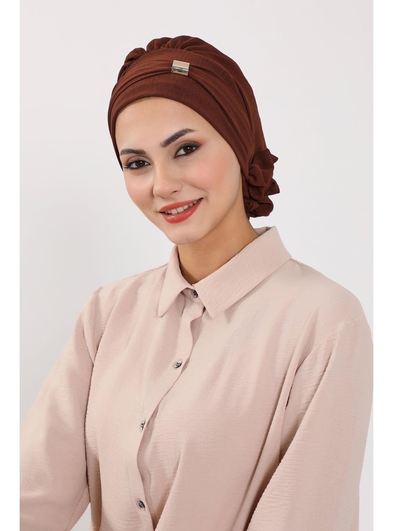 Aisha`s Design Kahverengi Aksesuarlı Aerobin Kumaş Hazır Türban,ht