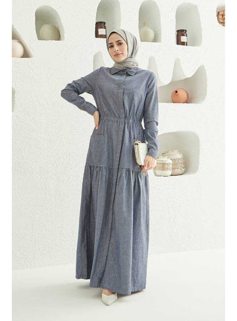 Neways Koyu Mavi Denim Bel Lastikli Düğmeli Elbise