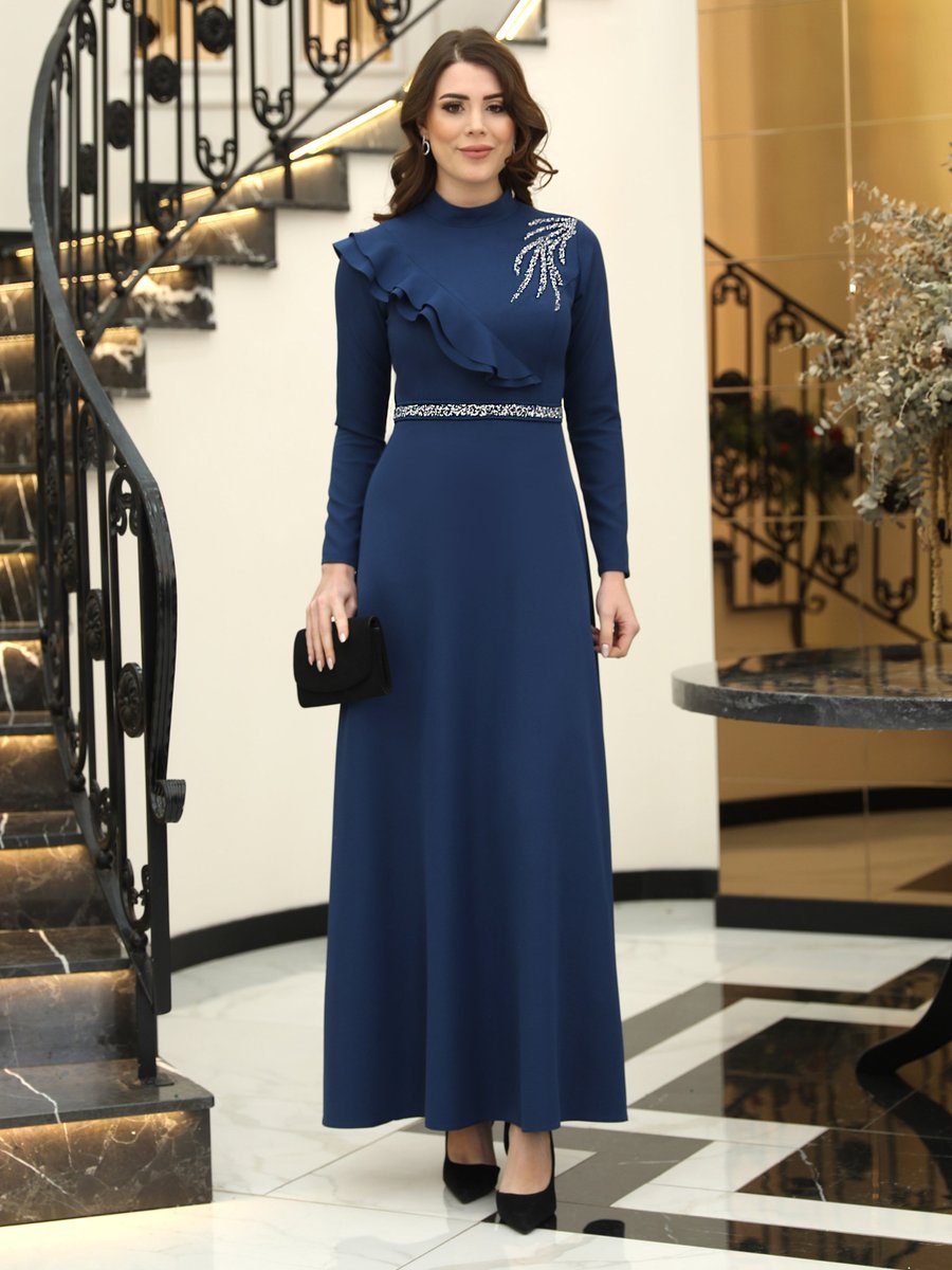 Elben Moda Petrol Elif Taşlı Tesettür Elbise