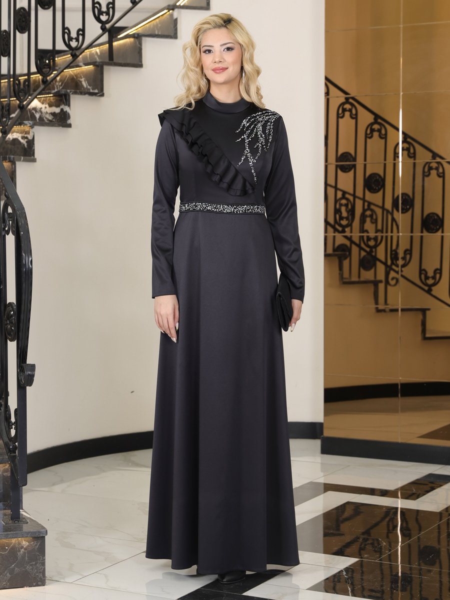 Elben Moda Siyah Ada Saten Abiye Elbise