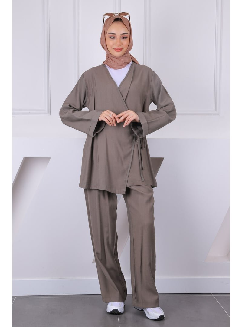 İmaj Butik Haki Ön Bağlamalı Kimono Pantolonlu Takım