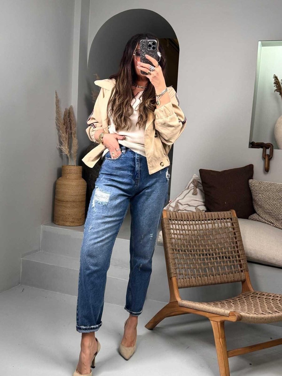 Sohotique By P Mavi Yırtık Detaylı Mom's Jean Pantolon