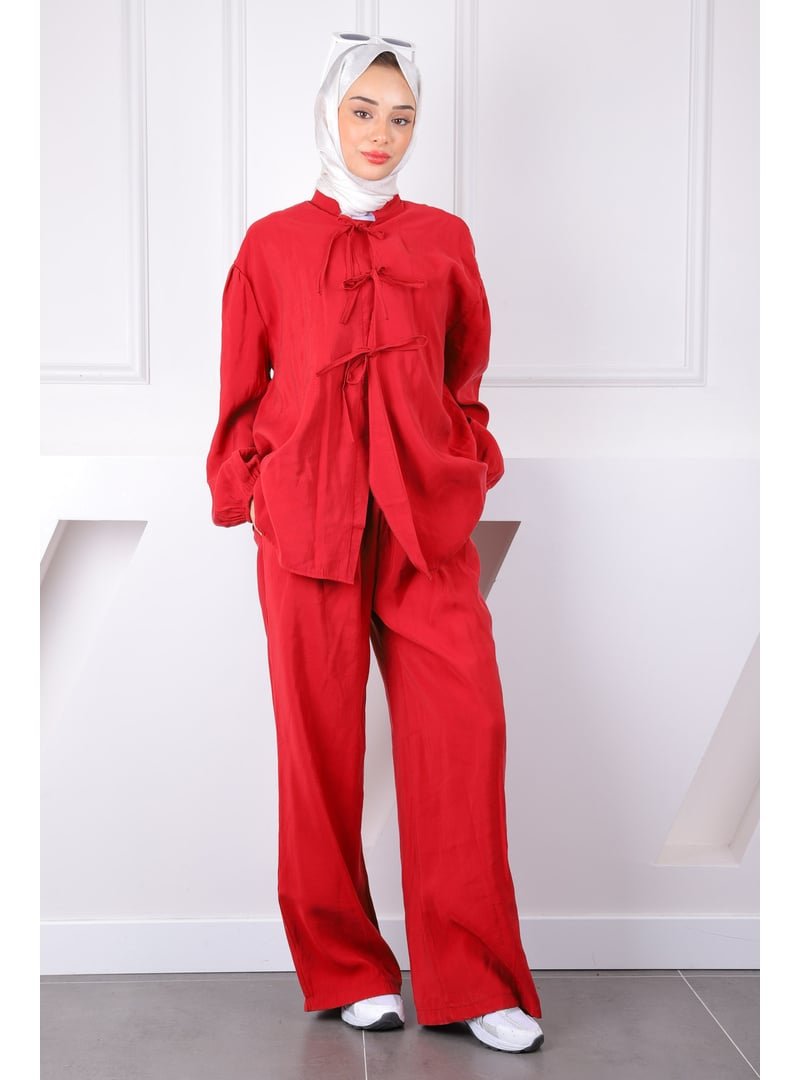 İmaj Butik Bordo Ön Bağlamalı Kimono Pantolonlu Takım