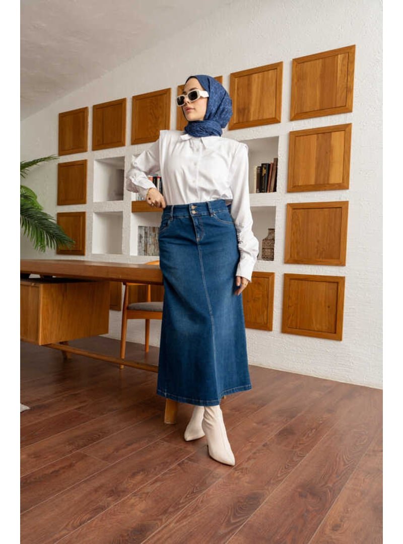 Neways Koyu Mavi Denim Klasik Etek