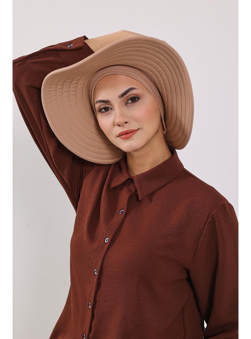 Aisha`s Design Sütlü Kahve Çıkarılabilir Arkası Fiyonklu Şapkalı Penye Bone Türban,s