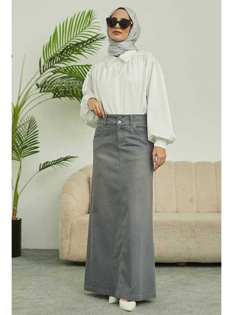 Neways Gri Denim Klasik Etek