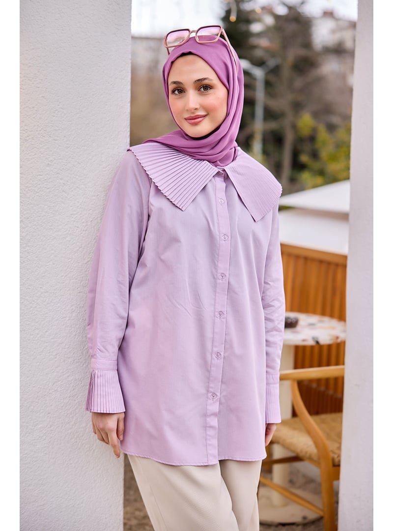 Locco Moda Lila Yaka Ve Kol Pilise Detaylı Gömlek