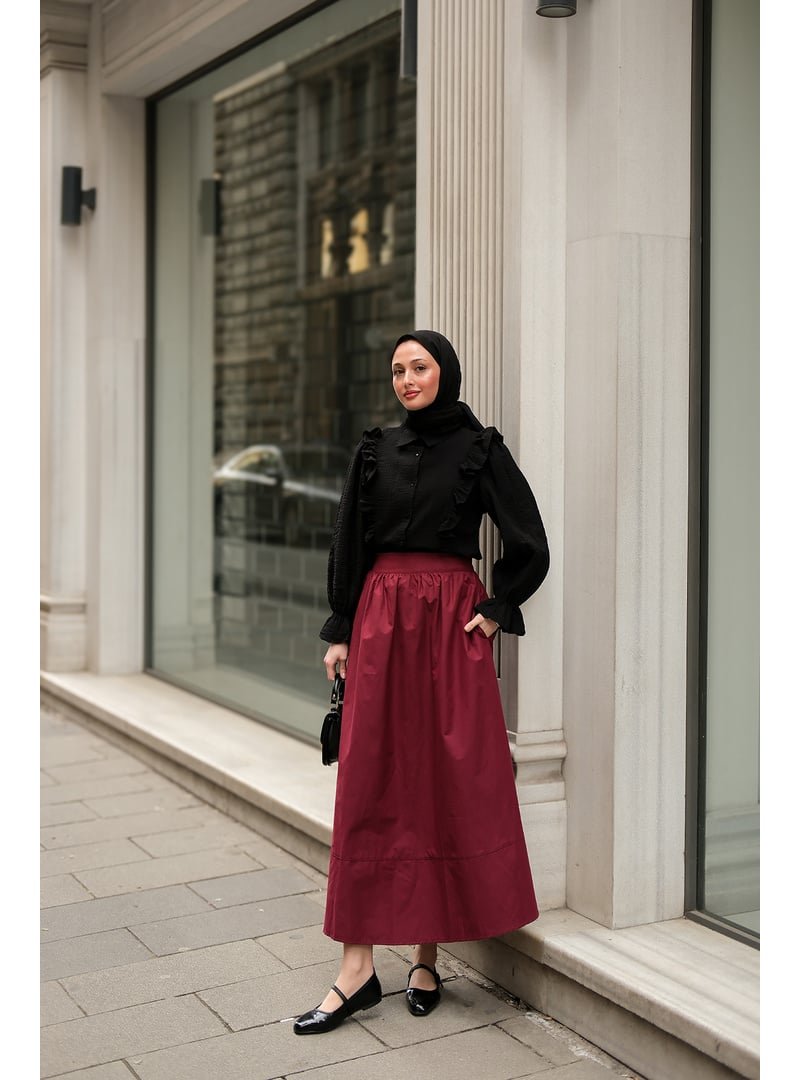 Locco Moda Bordo Beli Lastikli Poplin Etek