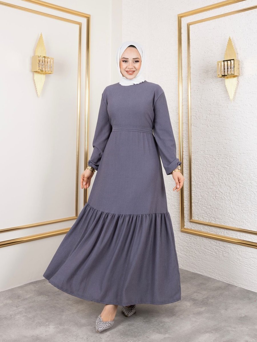 SFG Life Moda Lila Belden Kuşaklı Ve Bisiklet Yaka Bürümcük Kumaş Elbise