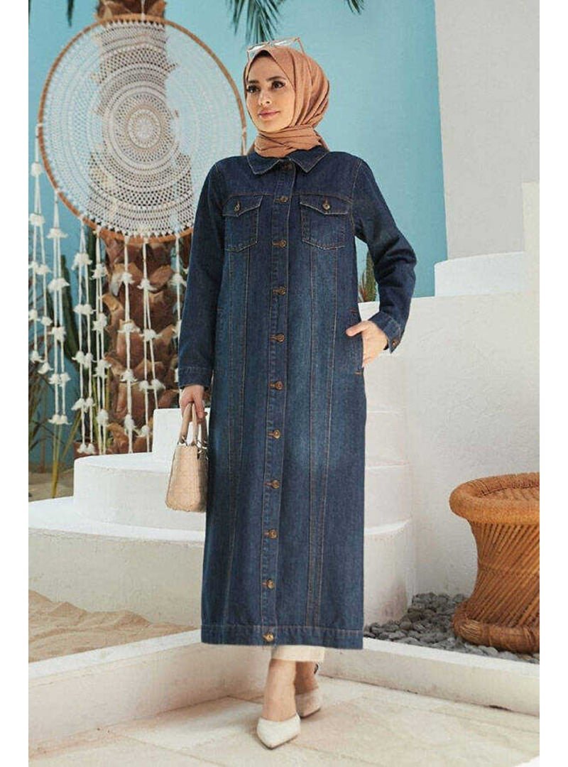 Neways Koyu Mavi Denim Uzun Ceket
