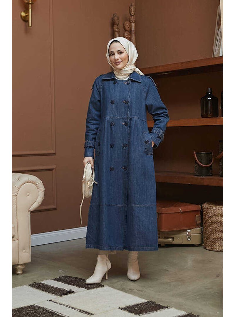 Neways Koyu Mavi Reglan Kollu Süs Pileli Denim Ceket