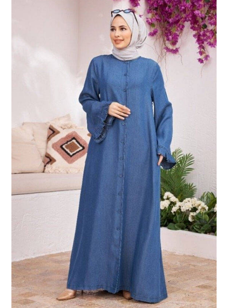 Neways Koyu Mavi Denim Düğmeli Kolları Fırfırlı Ferace